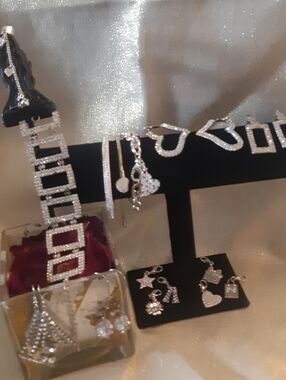 Elegant Silver Bracelets with Crystal Accents And Earring Sets 17 Piece Total